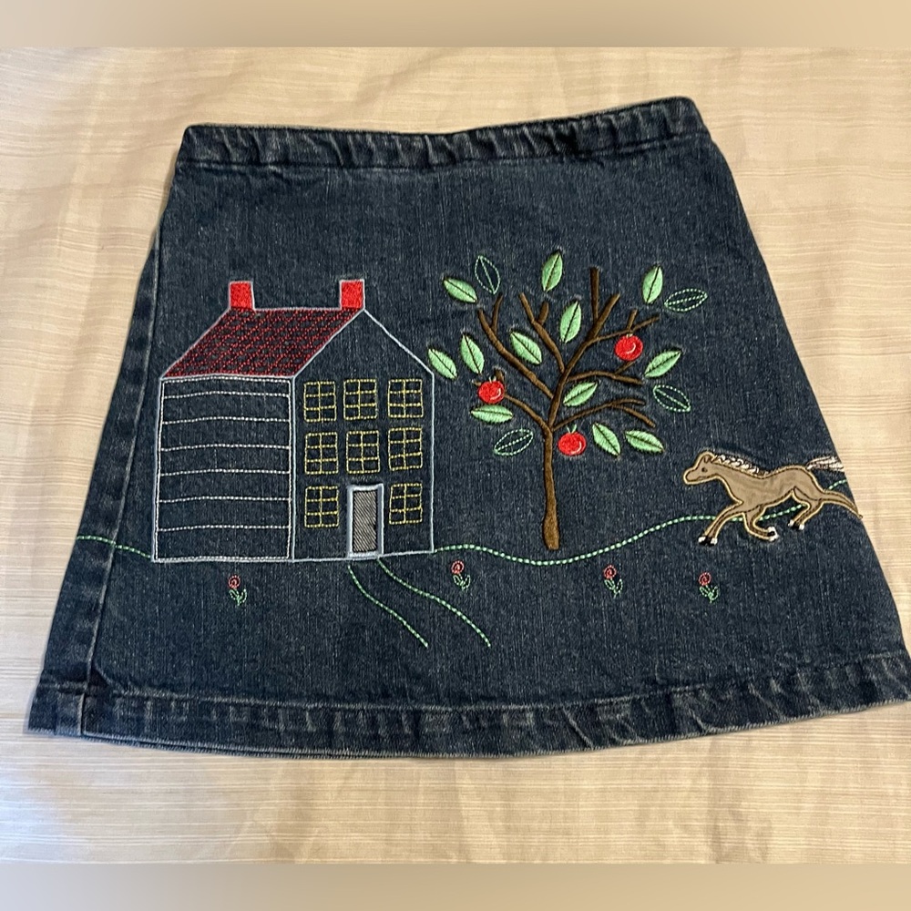 Lands' End Embroidered Dark Blue Denim A-Line Skirt with House, Tree & Horse